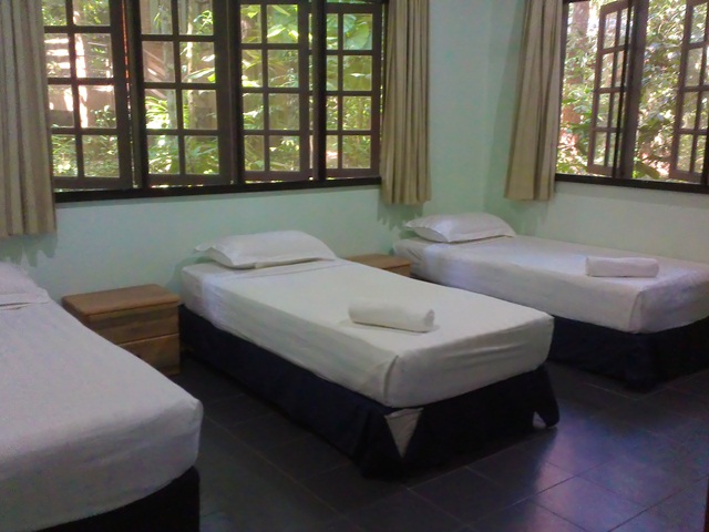 Beds lining up in a room in the cabin